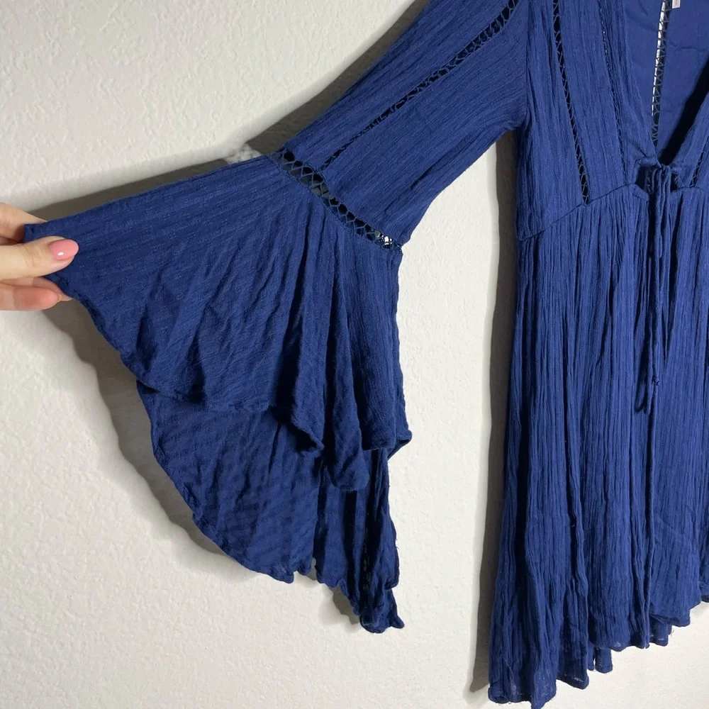 Free People Romeo Navy Blue Ladder Trim Mini Dress S - Picture 3 of 8